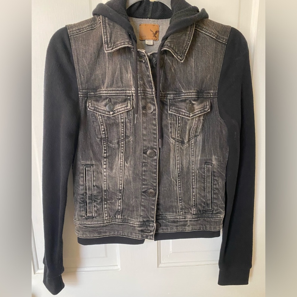 American Eagle Outfitters Black and Gray Denim Jacket